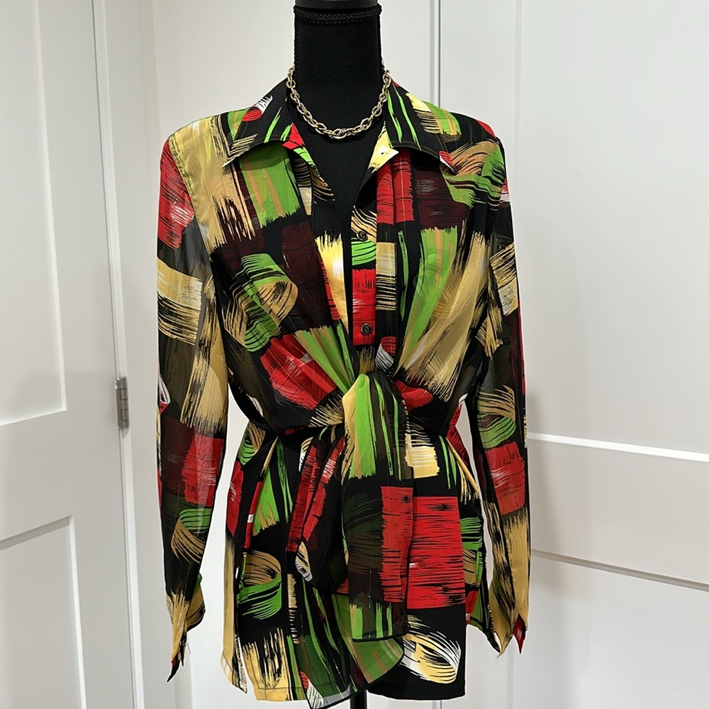 Vintage 90s Sheer Abstract Brushstroke Blouse | Wearable Art Tie-Front Top